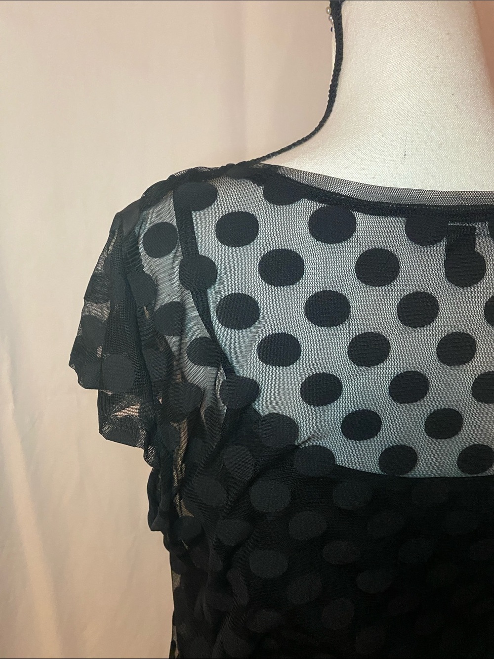 INC International Concepts Black Polka Dot Mesh Short Sleeve Blouse - Picture 5 of 7